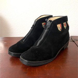 Vintage 60s 70s Black Ulla Brand Ski Embroidered Suede Fur Lined Booties, Women'
